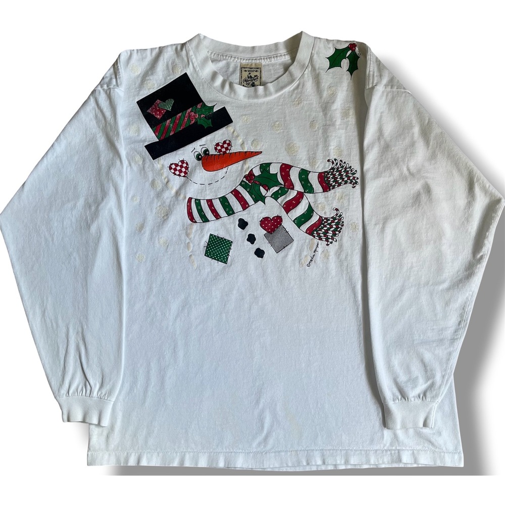 Vtg 1998 Vicki Melhart Snowman Christmas Shirt XL White Alore USA Single Stitch